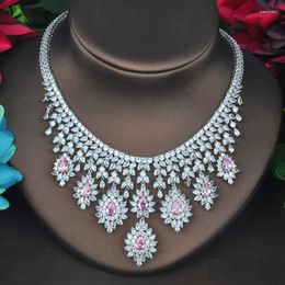 Necklace Earrings Set Fashion Luxury Brilliant Pink Cubic Zirconia Big For Women Wedding Accessories Jewelry Gifts N-719