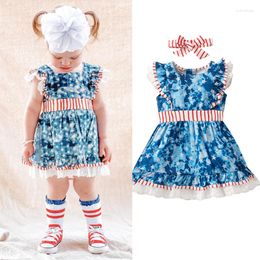 Girl Dresses FOCUSNORM Independence Day 0-3Y Lovely Baby Girls Dress 2pcs Ruffles Lace Sleeve Star Striped Tie-Dye Printed A-Line
