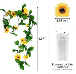 Artificial Sunflower String Light, Battery Operated Green Leaf Plants Garland Rattan with led light for Indoor Bedroom Holiday wedding party decoration, warm white