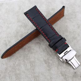 Watch Bands For Any Brand Watchband High Quality Genuine Leather Strap Black With Red Stitches 18mm 19mm 20mm 21mm 22mm 23mm24mm