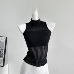 Women's Tanks Patchwork Tank Top Turtleneck Knitted Vest Y2k Aesthetics Harajuku Tanktop Korean Style Sleeveless