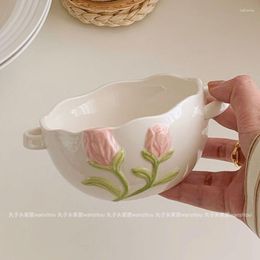 Bowls South Korea Ins Tulip Ear Bowl Dormitory Students Easy To Clean Ceramic Tableware Dessert Fruit Salad Bowl.