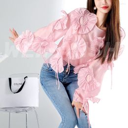 Women's Blouses Spring Summer Pink Blouse Shirts Women's Young Ladies Luxury Handmade Floral Appliques Party Blousa Tunic Tops NZ304