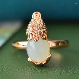 Cluster Rings Natural White Jade Pi Xiu Ring Adjustable Women Fine Jewellery Genuine Hetian Jades Nephrite Zircon Feng Shui Pixiu Mantra