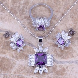 Necklace Earrings Set Magic Purple Cubic Zirconia White CZ Silver Plated Pendant Ring Size 6 / 7 8 9 10 S0113