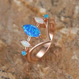 Wedding Rings Marquise Cut Blue White Fire Opal Crown Ring Silver Rose Gold Color Horse Eye Stone Wave For Women Bands Gift