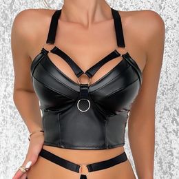 Women's Tanks Women Black Leather Camis Crop Top Summer Solid Sexy Mesh Slim Lingerie Basic Bandeau Bra Vest Tops Y2k Clothes Tank