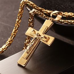 Strands Strings Men's Necklace Big Cross Pendant Chain Mens Gold Colour Stainless Steel Christian Necklaces Male Iced Out Bling Jewellery 230621