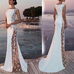 Summer White Bohemian Beach Mermaid Wedding Dresses 2019 Lace Satin Jewel Lapel Bridal Gowns Sweep Train Length Mermaid Dress280W