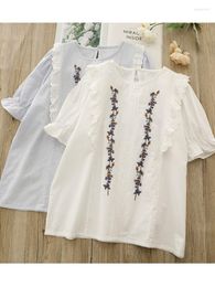 Women's Blouses Lamtrip Sweet Mirror Flowers Embroidery Ruffles Kawaii Short Sleeve Striped Cotton Shirt Blouse Mori Girl 2023 Summer