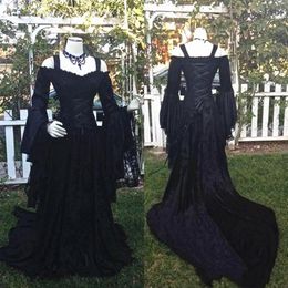 Gothic Style Black Wedding Dresses Off Shoulder 2021 Long Puffy Sleeves Lace Corset Bodice A Line Wedding Bridal Gowns Plus Size A298F
