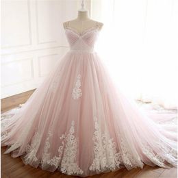 Romantic Blush Pink Princess Wedding Dresses Gown 2022 with Straps Beaded A line Lace Country Designer Court Train Bridal Gowns1994