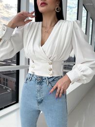 Women's Blouses Double Breasted Patchwork Button Summer Shirts Elegant Office Lady Solid Long Sleeve Tops 2023 Women V Neck Slim Fit Chic