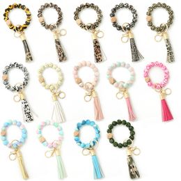 Custom Silicone Beads Elastic Bangle Bracelet Keychain Leather Tassel SiliconeBeadsBracelet Wristlet Keychain