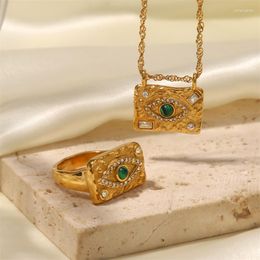 Pendant Necklaces Vintage Bohemian Inlaid Green Zircon Sparrow Stone Square Rings Gold Colour Eye-shaped Turkish For Women Aesthetic Jewellery