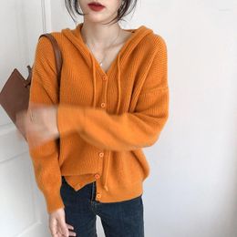 Women's Knits Sweater Cardigan Women Spring Long Sleeve Hooded Coat Korean Fashion Orange Green Pink Knitting Loose Casual Top Female