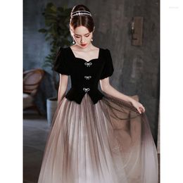 Ethnic Clothing Sexy Ladies Banquet Dress Black Gauze Skirt Patchwork Square Neck Bubble Sleeve Party Vestidos Fairy Elegant Performance