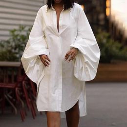 Casual Dresses Women Fashion White Statement Puff Sleeves Loose Pleated Split Side Solid Colour Lapel Collar Midi Cute For Summer