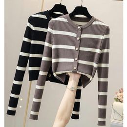 Women's Knits Cardigan Crop Top Autumn Winter Pull Femme Striped O-Neck Women Sweater Long Sleeve Knitted Korean Open Stitch Jersey Mujer