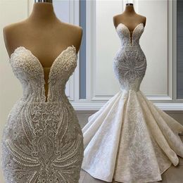 Elegant Mermaid Wedding Dresses Handmade Beading Lace Bridal Gowns Sweetheart Floor Length Second Reception Dress3235