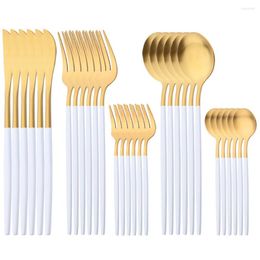 Dinnerware Sets 30Pcs Matte White Gold Cutlery Set Stainless Steel Knife Cake Fork Tea Spoon Silverware Kitchen Dinner Tableware