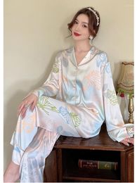 Women's Sleepwear Spring WomenSilk Pyjamas Butterfly Printed Soft Long Sleeve Loungewear Button Down Pjs Set