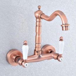 Bathroom Sink Faucets Antique Red Copper Basin Swivel Spout Faucet Wall Mounted Dual Ceramic Handles Vessel Mixer Taps Nsf878