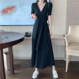 Casual Dresses Summer V Neck Short Sleeve Women Drawstring Loose Thin Fashion Harajuku 2xl Oversized Long Skirt Tops Work Black