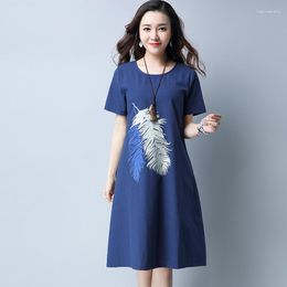 Casual Dresses Feather Print Summer Cotton Linen Dress 2023 Fashion O-Neck Short Sleeve Knee-Length Party Oversized Women Pocket