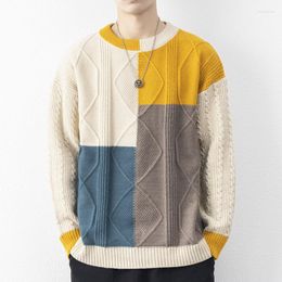 Men's Sweaters 2023 Men's Retro Twist Color Block Round Neck Thickened Sweater Winter Youth Loose