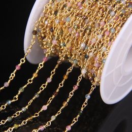 Pins Brooches 5Meter Natural Colorful Tourmaline 2mm Faceted Round Beads Rosary Chain Gold Brass Wire Wrapped Necklace Bracelet Sweater Chains 230621