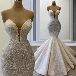 Elegant Mermaid Wedding Dresses Handmade Beading Lace Bridal Gowns Sweetheart Floor Length Second Reception Dress259O