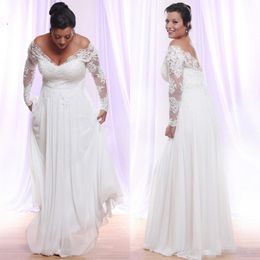 Long Sleeves Plus Size Wedding Dresses With Deep V-neck Applique Beach country Wedding Gowns Off The Shoulder Bridal Gowns Vestido235E