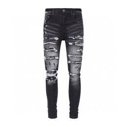 Mens Jeans For Guys Rip Slim Fit Skinny Man Pants red Star Patches Wearing Biker Denim Stretch Cult Stretch Motorcycle Trendy Long Straight Hip Hop With Hole Blue7BIW