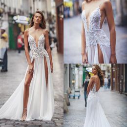 Spaghetti Strapless Boho Wedding Dresses with Thigh High Slits 2020 Lace Applique Beach Wedding Gowns Sexy Robe De Mariee250u