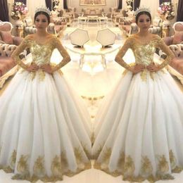 Elegant Sheer Long Sleeves Lace A Line Wedding Dresses 2019 Arabic Organza Gold Applique Beaded Court Train Wedding Bridal Gowns B284g