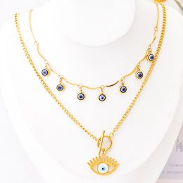 Women Necklace Earrings Set Titanium Steel Blue Circular Eye Double Layer Collarbone Chain Fashion Jewelry Gift