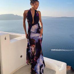 Casual Dresses Plunging Backless Maxi Dress Halter Neck Drape Front Beach Party Women Elegant Floral Print 2023 Summer Long Purple