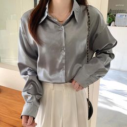 Women's Blouses 2023 Summer Casual Office Lady Silk Shirt Vintage Long Sleeve Green Women Fashion Loose Satin Blouse Women's Tops 21494