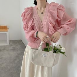 Women's Blouses 2023 Spring And Autumn Pink Sweet Temperament Knitted Cardigan Women Ruffled Sleeves V-neck Single-breasted Splicing Sweater