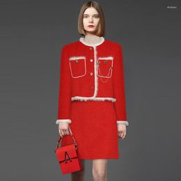 Work Dresses Janeyiren Fashion Catwalk Women O Collar Long Sleeve Fringe Short Coat Red Mini Two-piece Suit