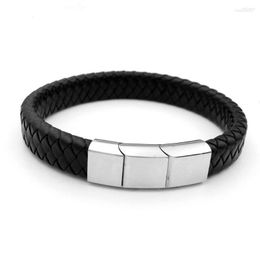 Strand Men 12MM Wide Black Brown Simple Braided Genuine Leather Bracelet Never Fade 316l Stainless Steel Square Adjustable Magnet Clasp