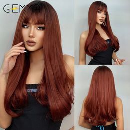 Cosplay Peruki Gemma Long Wave Ombre Brown Wine Red Wavy Peruki dla kobiet syntetycznych peruki z grzywką codziennie imprezowy odporny na ciepło Włosienie Włosy 230621