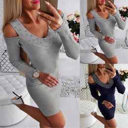 Party Dresses Women Fashion V-Neck Sexy Diamonds Short Dress Colour Block Long Sleeve Mini Slim Elegant