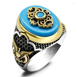 Cluster Rings Brand Authentic Sterling Silver Antique Turkish Turquoise Ring Spinel Men's Colorful Punk Style