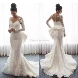 2019 Lace Mermaid Wedding Dresses Sheer Neck Long Sleeves Appliques bow Saudi Arabic bridal Gowns With Detachable Train buttons Br217e