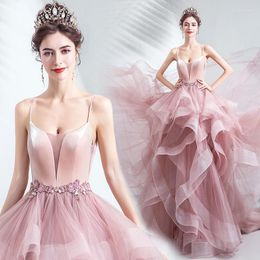 Ethnic Clothing Women Pink Backless Long A-Line Tailing Wedding Dress 2023 Spaghetti Straps Sleeveless Party Prom Ball Gown
