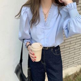 Women's Blouses Women Solid French V-neck Wooden Ear Edge Bubble Sleeve Shirt With Feminine Korean Style Chic Top Female Clothing
