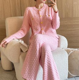 Women's Two Piece Pants Fashion Autumn Winter Pink Knitted Sweater Set Women's Single Breasted Long Sleeve Cardigan Wide Leg Suits