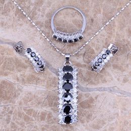 Necklace Earrings Set Fetching Black Cubic Zirconia White CZ Silver Plated Pendant Ring Size 5 / 6 7 8 9 10 11 S0157